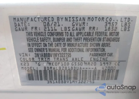 2021 Nissan Sentra S Xtronic Cvt from USA, damaged, VIN 3N1AB8BV1MY322795